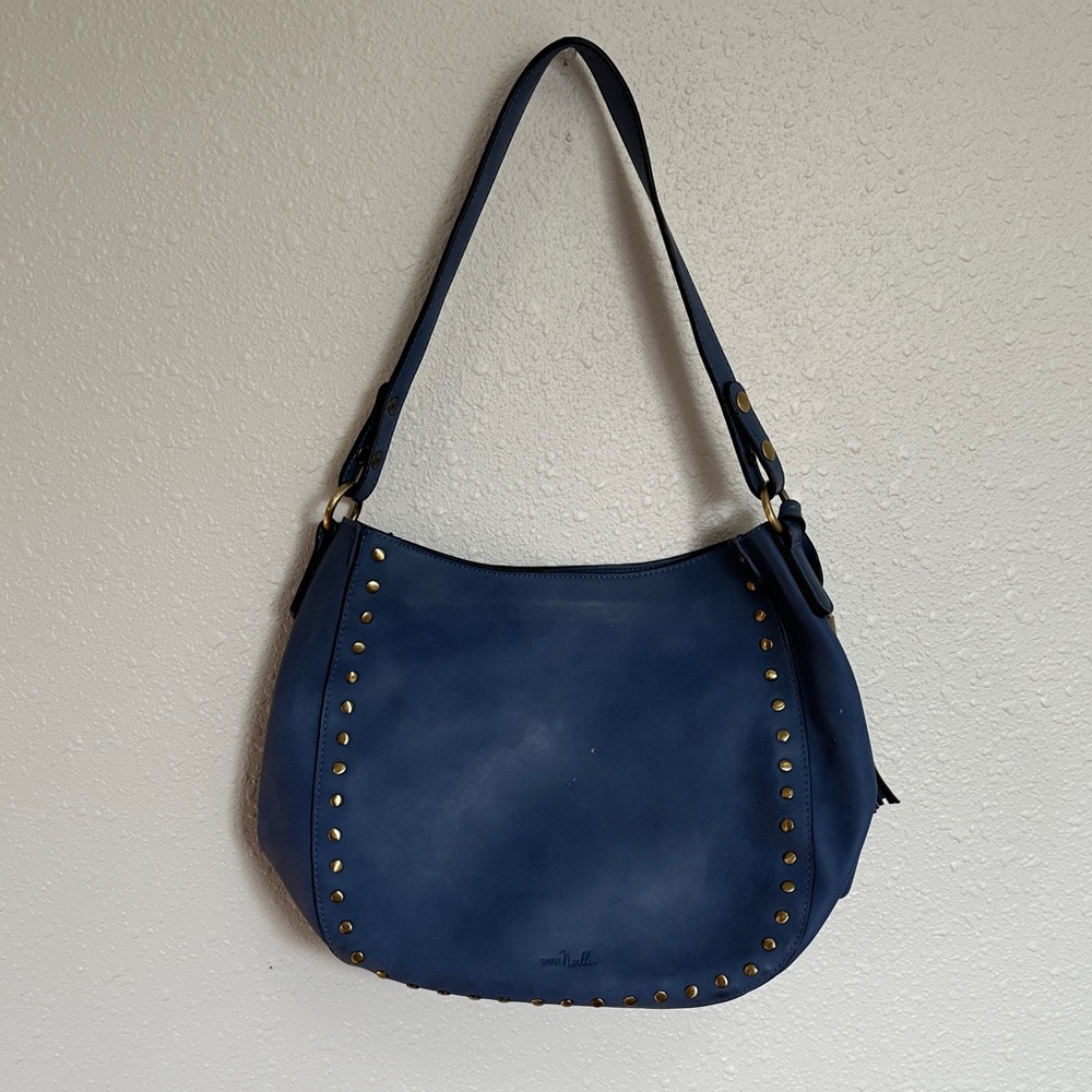 Simply Noelle Blue Shoulder Crossbody Hobo Bag with Gold Accents